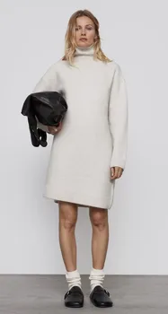 Ženske Priložnostne turtleneck dolg rokav pleteni pulover obleko ženski zimski oversize debele priložnostne topel pulover obleko 2020 bež