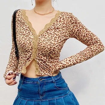Ženske Proti-Vrat Leopard Priložnostne Čipke Kratek Vrhovi Bluze Lady Pletenje Mehke Tanke Poletje Jopico Outwear za Ženske