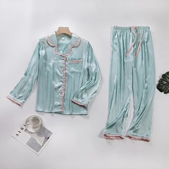 Ženske Saten Ruffles Robom Pižamo Nastavite Mozaik Proti-Vrat Elastični Pas Ženski Sleepwear 2021 Pomlad Jesen Mehko Ženske Homewear